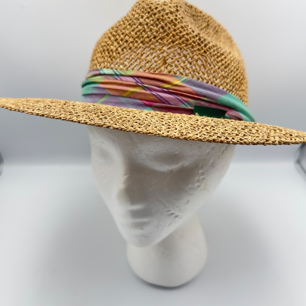 Chi‎ Chi Straw Sun Hat Fedora Wide Brim Tan Plaid Band Made in USA One Size